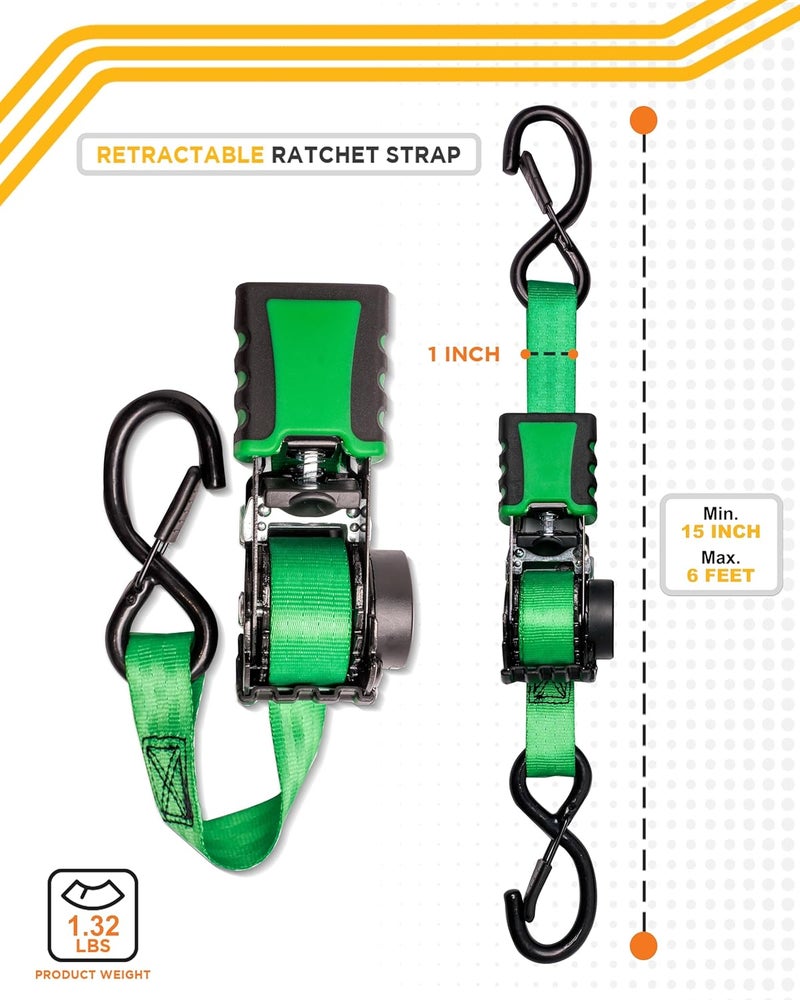 Strapinno 4pcs Retractable Ratchet Straps Bundle 1in x 6ft Ratchet Tie Down with Rubber Coated Steel Handle, S Hooks, Breaking Strength 1500 lbs Each (Green Strap, Black Coated) - Image 2